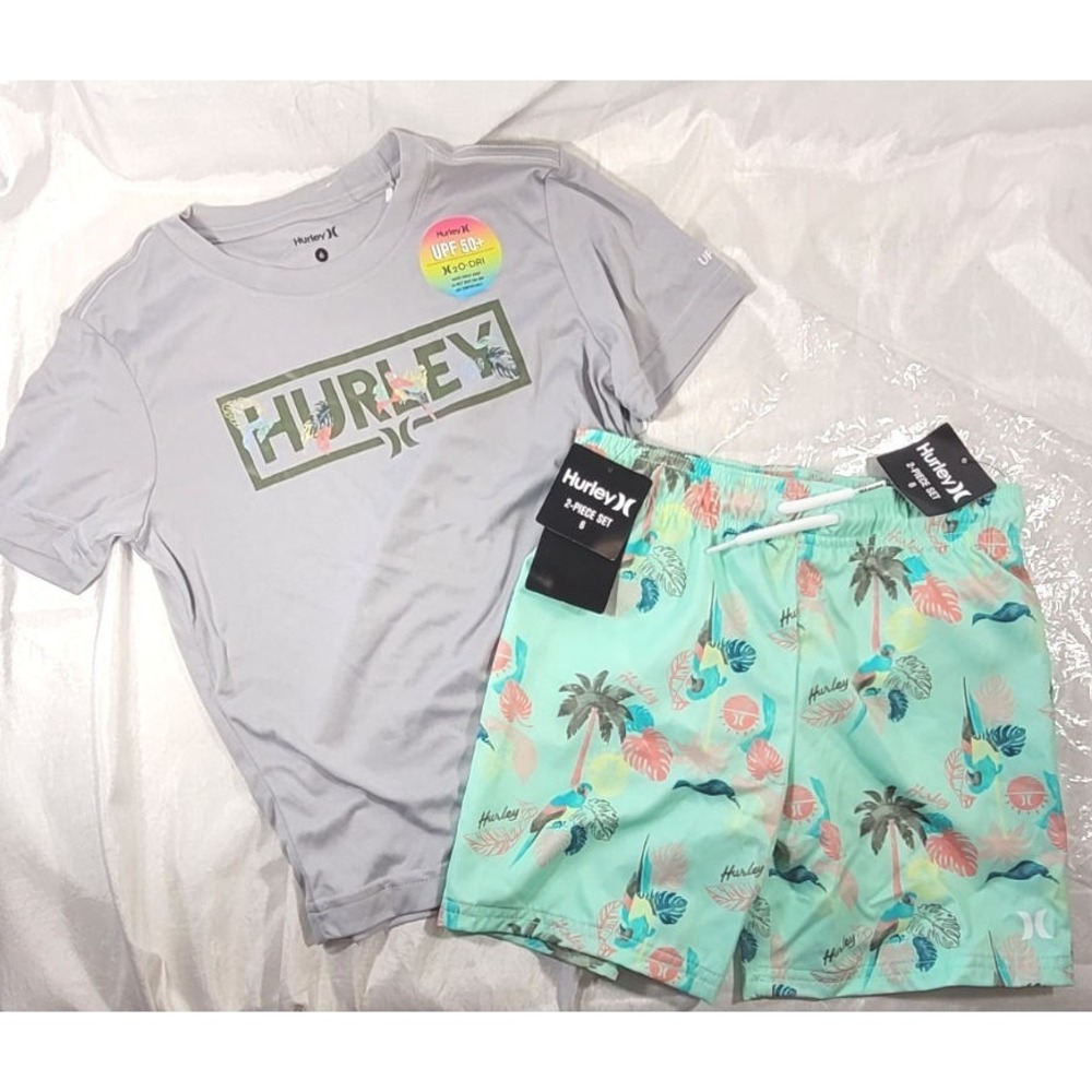 Hurley Youth Boy's 2pc UPF50+ Swim Shirt & Trunks - Jelly Mint Tropical - Sz 6